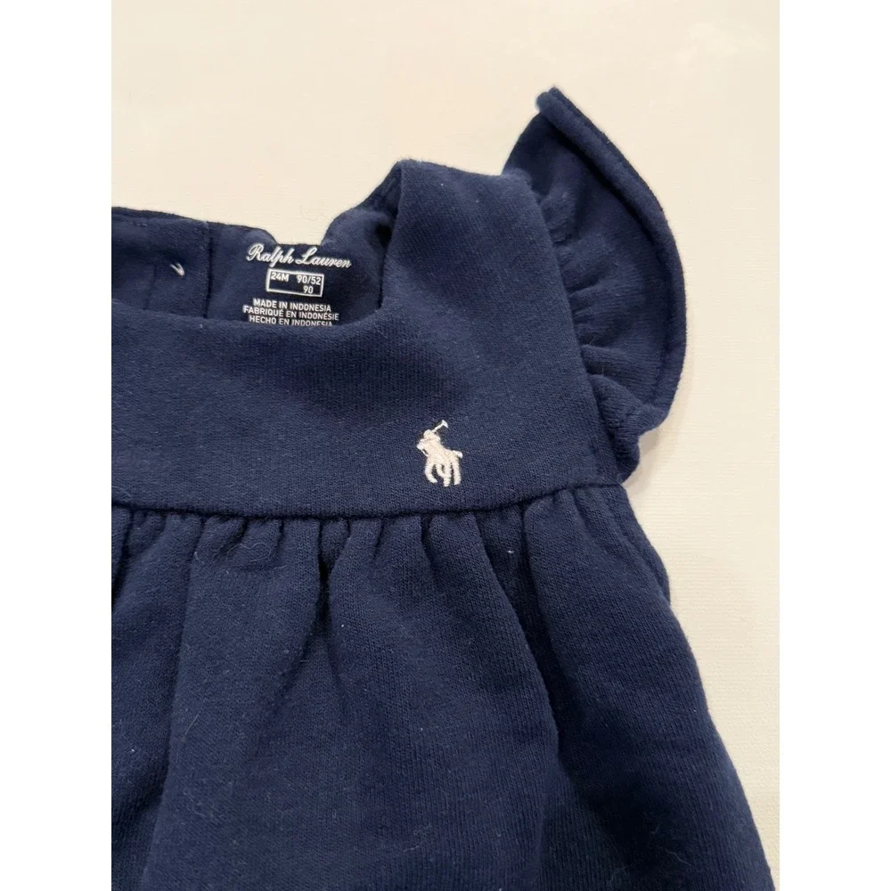 Ralph Lauren Kids Navy Blue Ruffle Shoulder Fleece Jumpsuit 24M Pony Logo